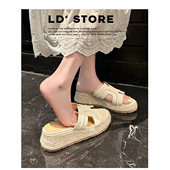 厚底高跟凉鞋 真皮版 女夏季 外穿草编松糕鞋 赵露思同款 一字凉拖鞋