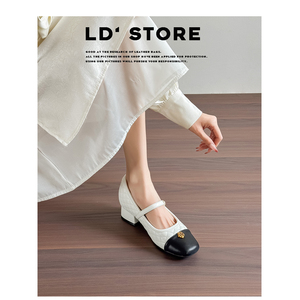 7cm内增高~粗跟玛丽珍单鞋女2026春小香风方头一字带山茶花高跟鞋