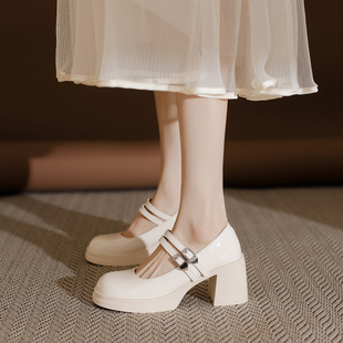真皮 双扣带高跟鞋 玛丽珍女鞋 厚底粗跟单鞋 2024初春新款 六点大叔