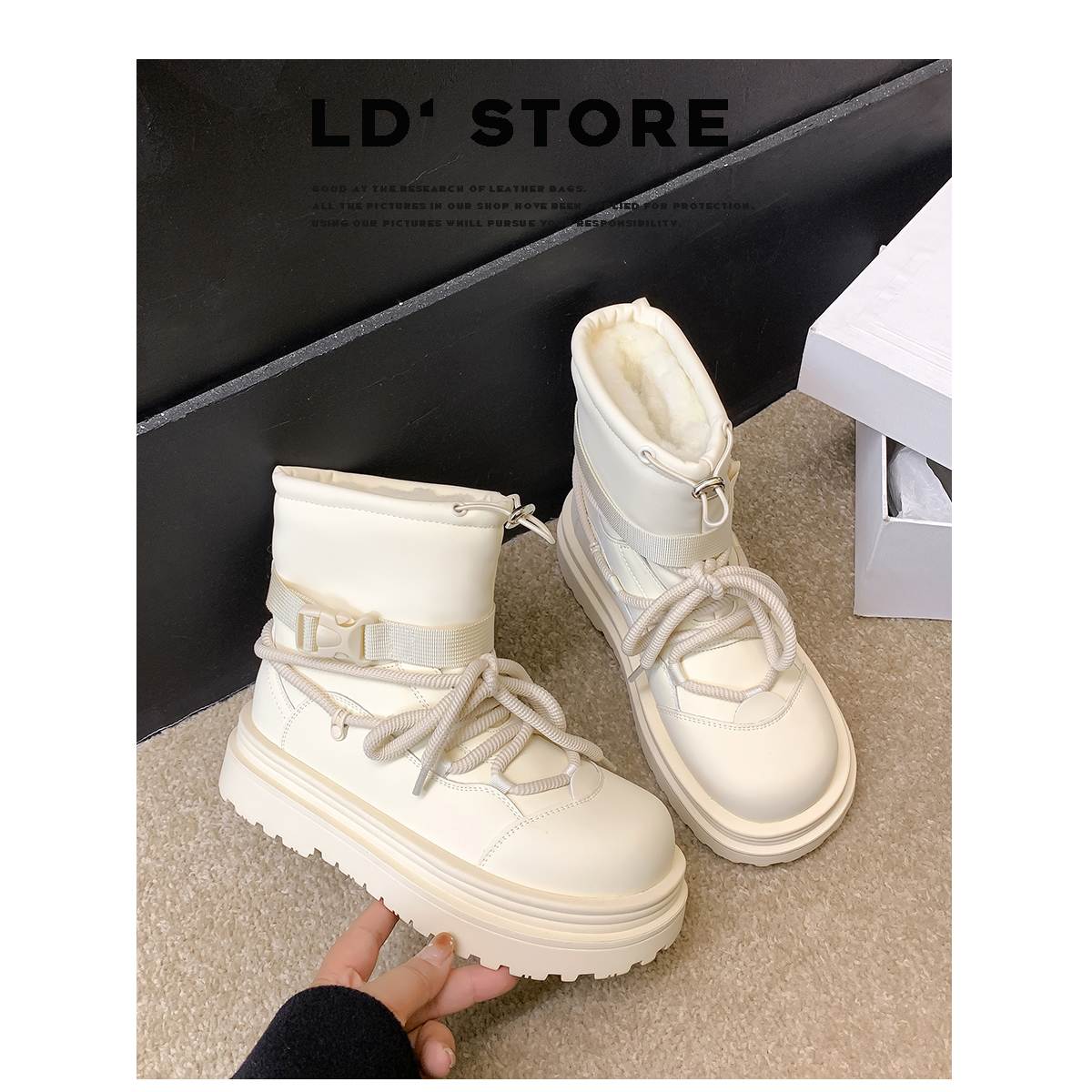 防水防滑厚底雪地靴女冬季新款内增高保暖加厚大棉鞋加绒马丁短靴