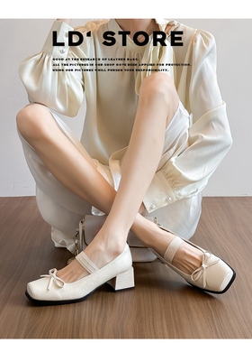 真皮~复古方头芭蕾舞单鞋女2026新款蝴蝶结浅口粗跟玛丽珍高跟鞋