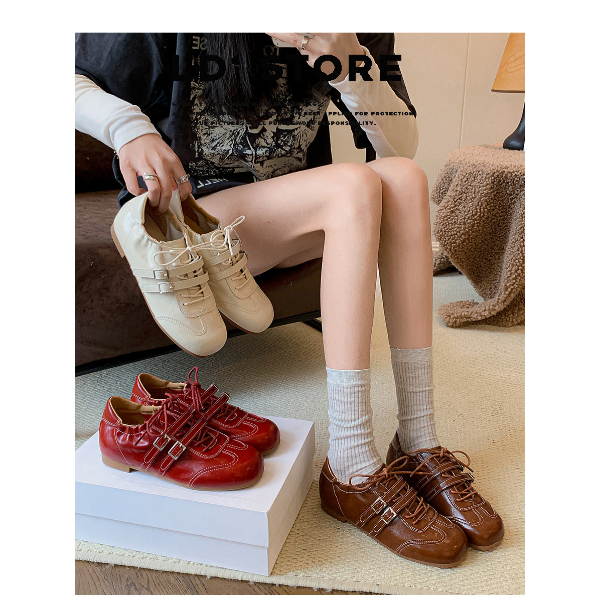 真皮~内增高芭蕾德训鞋女春方头系带休闲阿甘鞋红色运动玛丽珍鞋