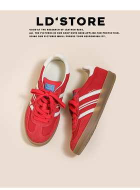 真皮~复古内增高红色德训鞋女春学生平底休闲板鞋厚底运动阿甘鞋