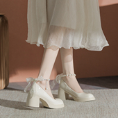 女2026春季 新款 珍珠伴娘白色高跟鞋 六点大叔真皮粗跟单鞋 玛丽珍鞋