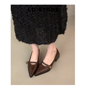 山茶花一字扣尖头气质玛丽珍高跟鞋 羊皮 内增高复古浅口粗跟单鞋