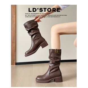 六点大叔 英伦风复古百搭圆头褶皱瘦瘦靴 真皮 粗跟中筒靴女秋新款