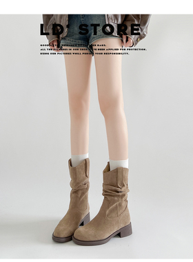 真皮~内增高短靴女2025年秋季新款美拉德复古粗跟堆堆西部牛仔靴