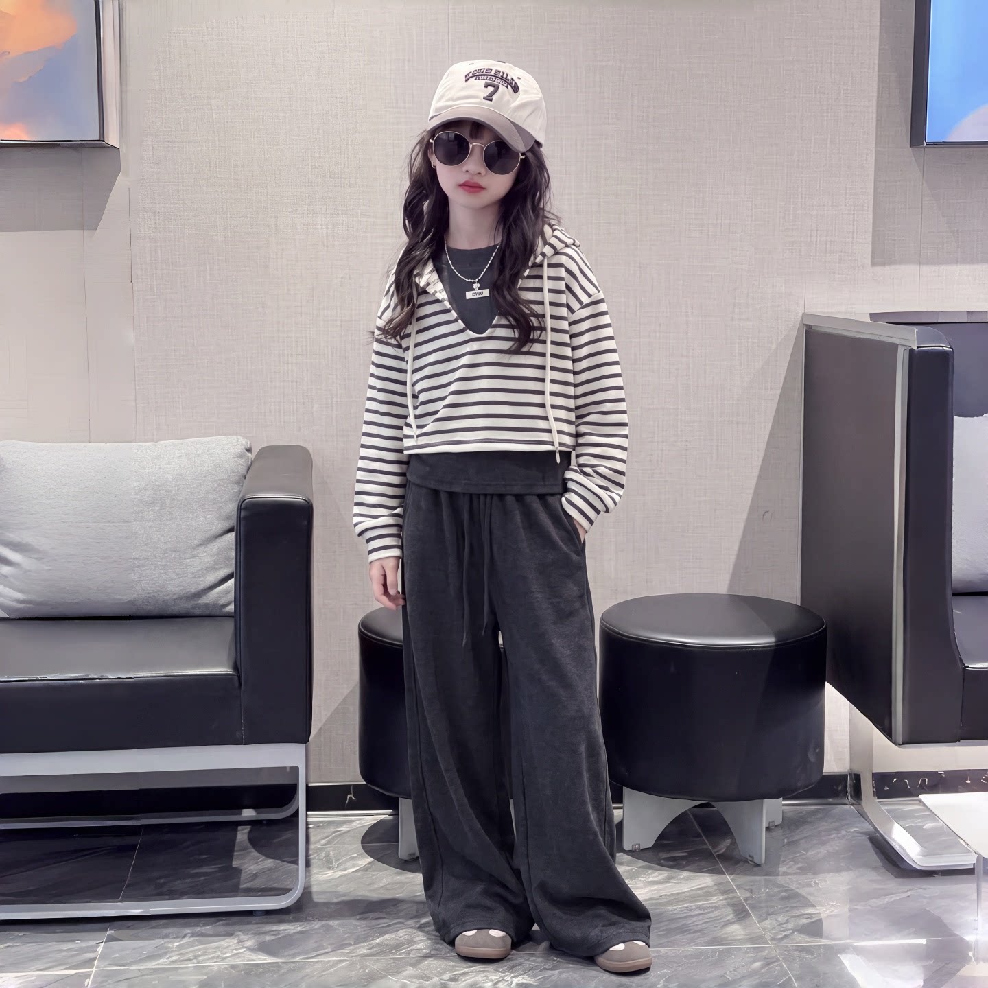 女大童秋装条纹卫衣套装2026新款韩系中大童洋气休闲运动三件套