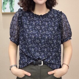 妈妈装夏季短袖碎花雪纺衫中年女士木耳领减龄宽松遮肉上衣40岁潮
