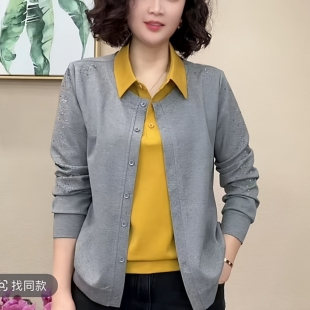 领卫衣女士休闲开衫 2026春秋新款 假两件衬衫 妈妈装 纯棉上衣服 时尚