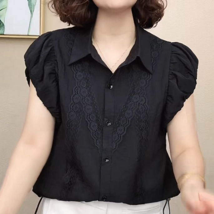 2025新款夏季时尚翻领拼蕾丝短袖衬衫女妈妈装百搭减龄莱赛尔小衫