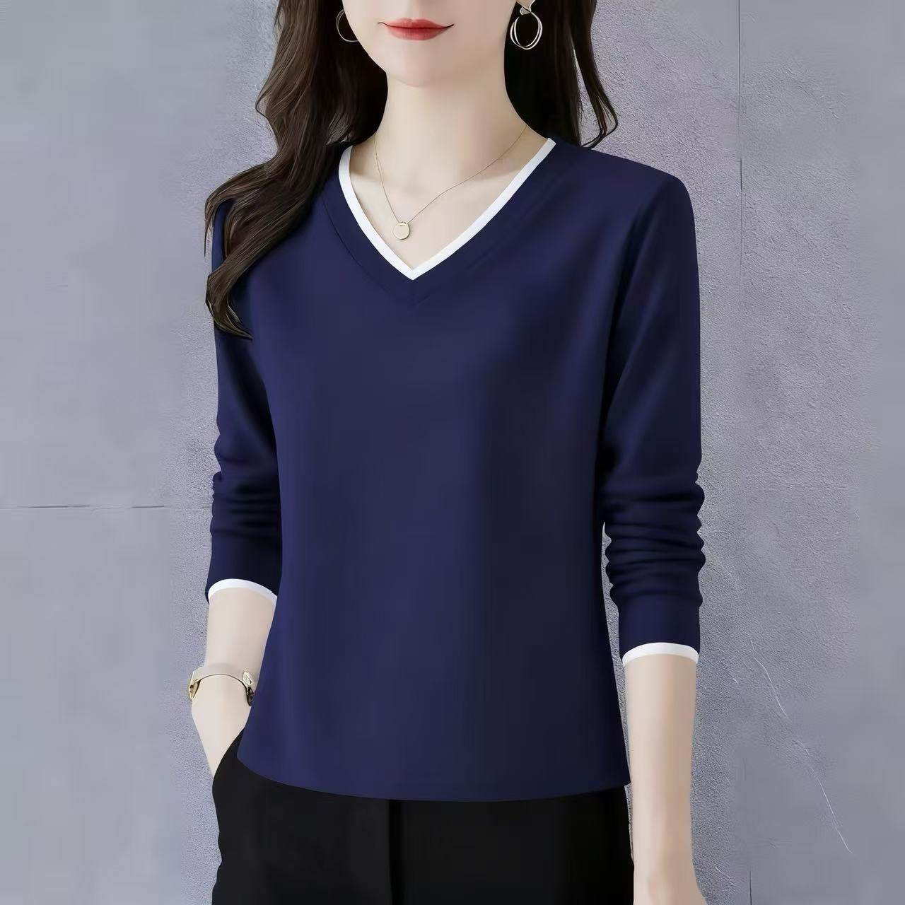 秋季纯棉长袖t恤女纯色V领打底衫2025新款高端正肩宽松休闲上衣女