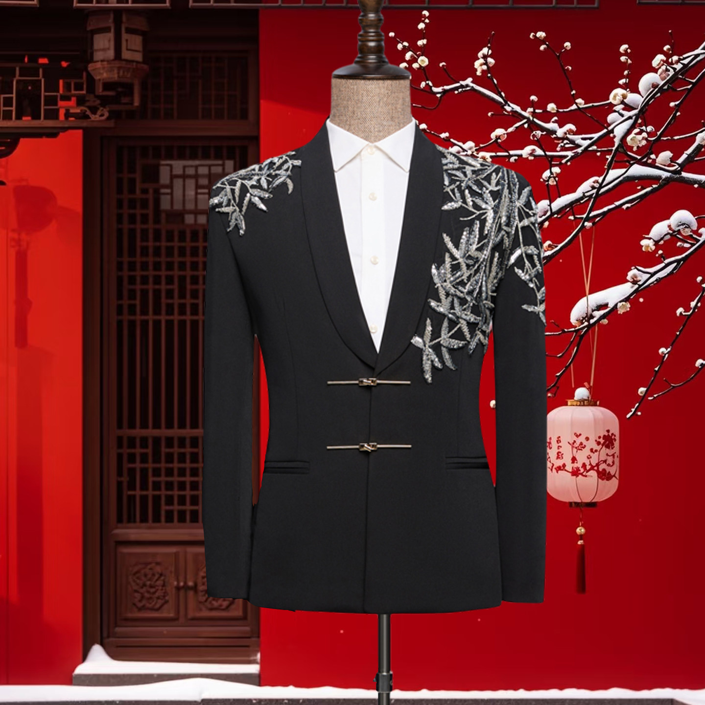 芭芃新中式西服男套装黑色新郎订婚结婚礼服舞台表演主持人演出服