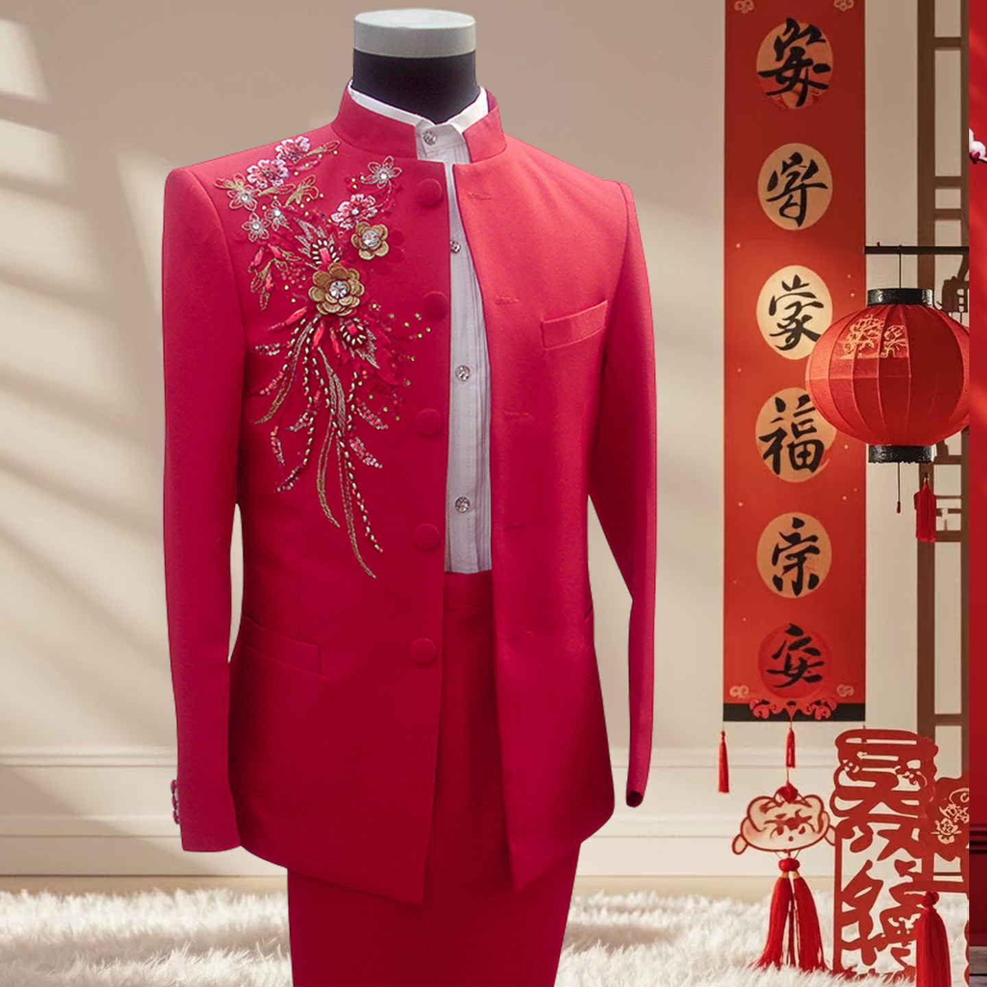 红色演出服男中山装男士合唱中式主持人歌手舞台表演服装年会礼服