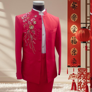 红色演出服男中山装男士合唱中式主持人歌手舞台表演服装年会礼服