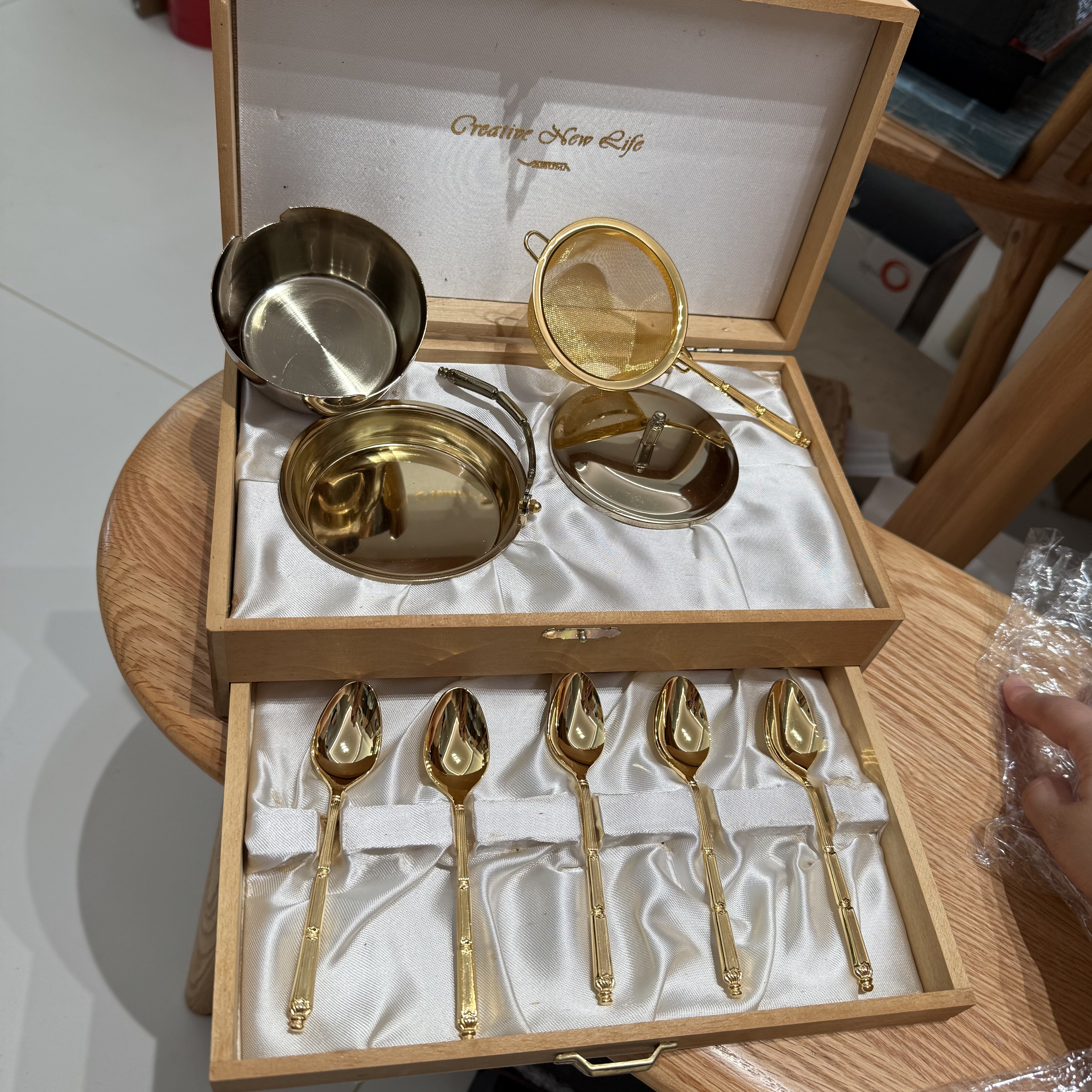 日本Azuma阿祖玛中古不锈钢镀金茶漏咖啡勺套装 原盒孤品