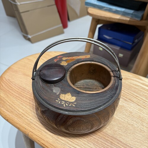 日本中古桐木金蒔绘烟道具烟灰缸桌面小火钵温茶器 多用途摆件