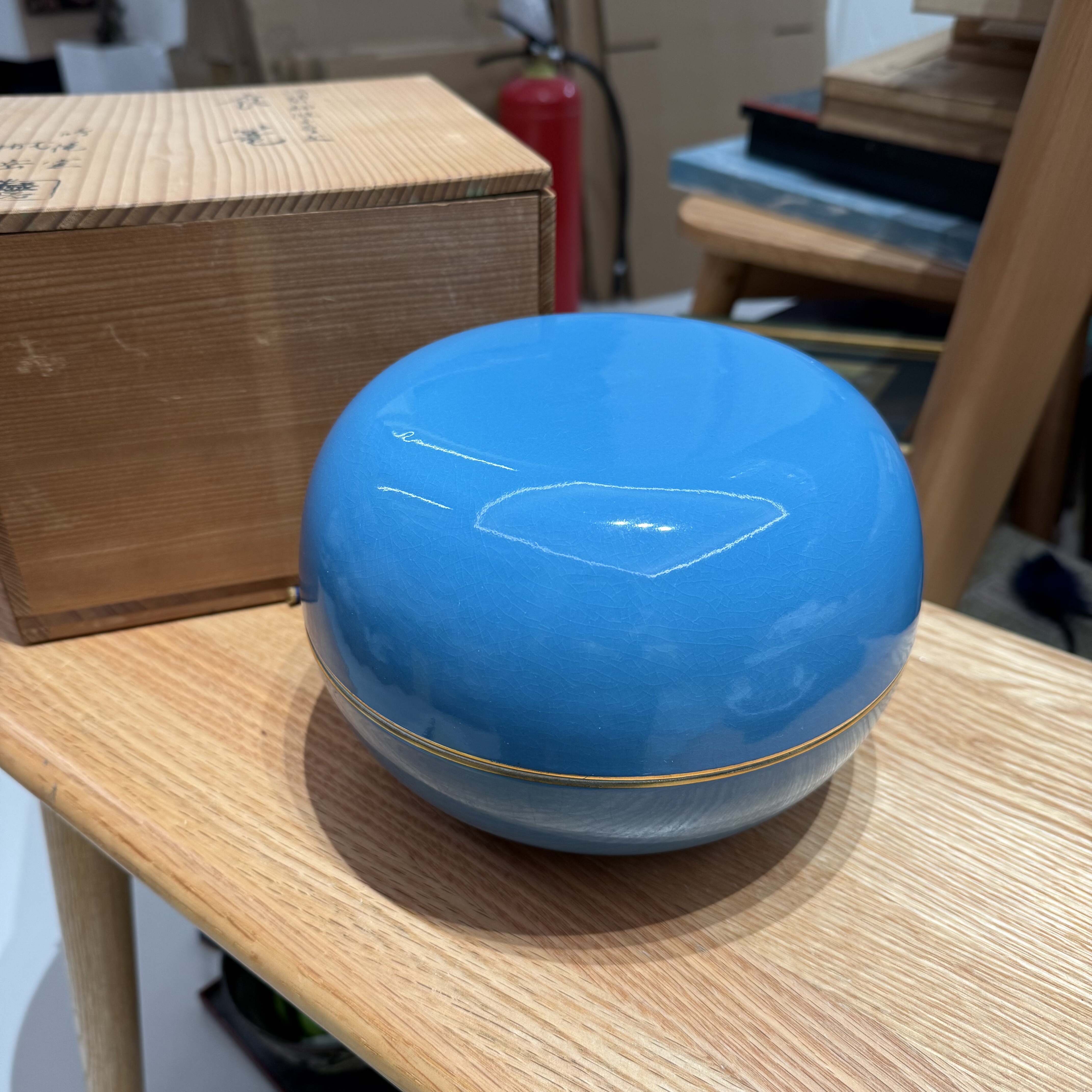 日本中古浅黄跤趾釉大号陶瓷盖罐储物罐 20*15cm 原木盒全新