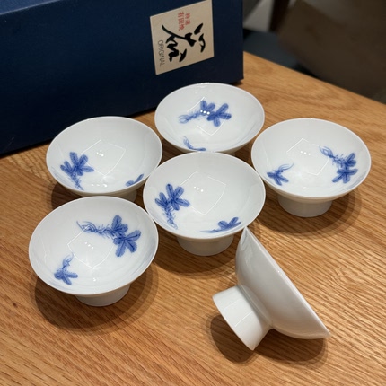 日本有田烧名家佃万手绘青花松树叶小酒杯茶盏6客 全新 约20ml