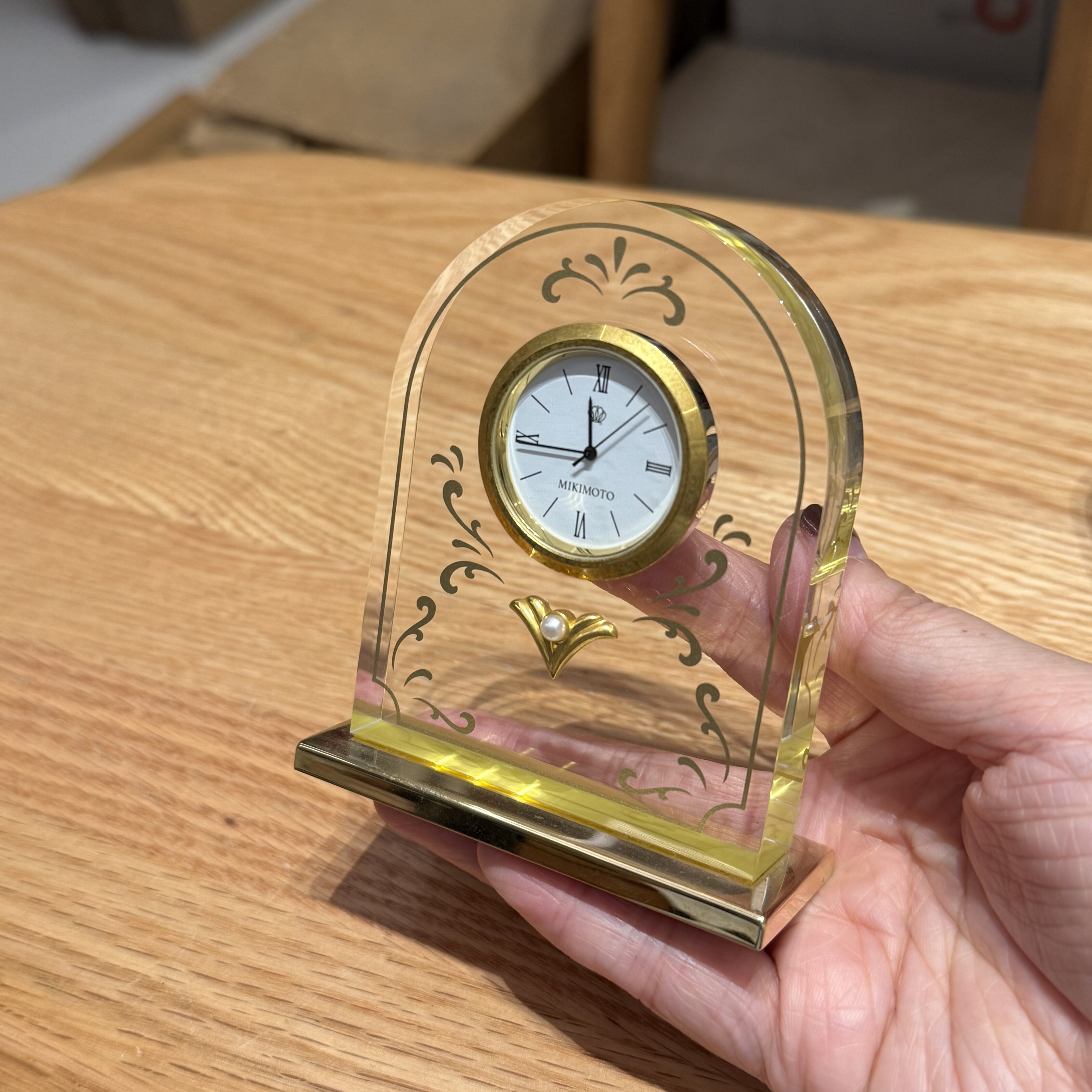 日本御木本Mikimoto珍珠复古水晶时钟摆件 9cm 九成新 轻微氧化
