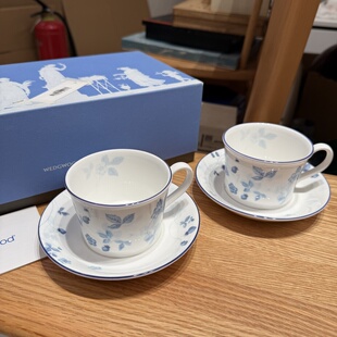 英国Wedgwood韦奇伍德蓝草莓骨瓷咖啡杯红茶杯 原盒一对 全新保真