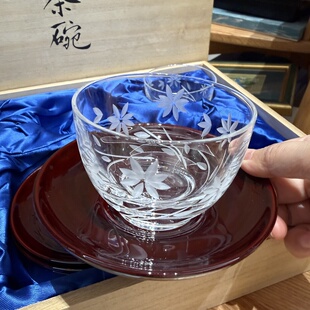 日本中古Hoya豪雅水晶切子玻璃杯冷茶杯带杯托 约150ml