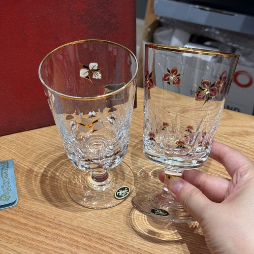日本Elisabeth手工手绘红酒杯果汁杯水晶杯一对 稀有孤品 约250ml