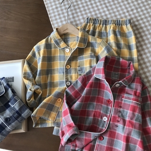 小码福利/轻磨毛~温暖感 男童法兰绒格子睡衣套装 宝宝秋冬家居服