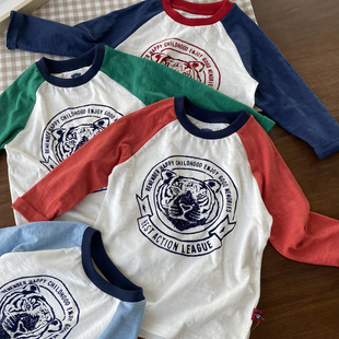 160中大童男童撞色插肩长袖 110 T恤 排湿透气亲肤性好 质感竹节棉