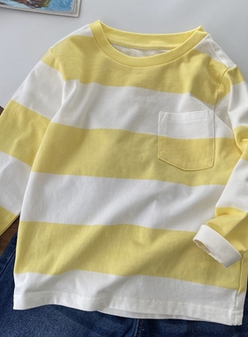 好看的黄色系/外单余量~100纯棉110-170男童宽条纹长袖T恤