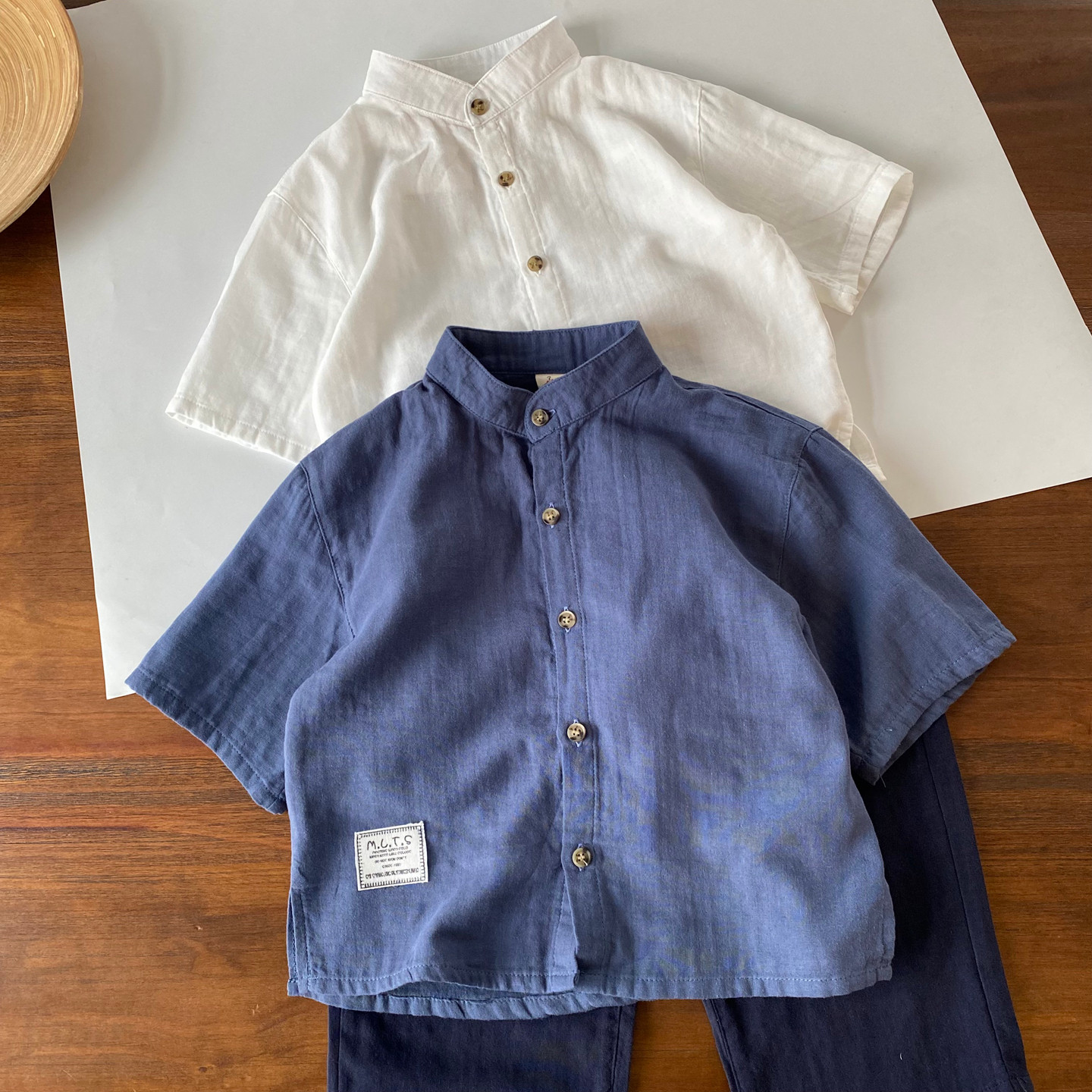 云朵般轻软/透气不闷湿/夏日刚需/男宝短袖立领纯棉纱布衬衫