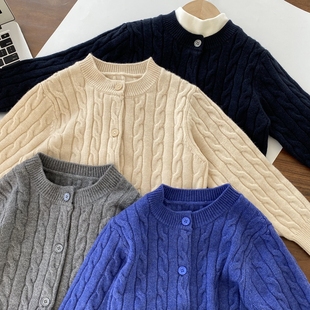 柔软不扎~儿童山羊绒混纺毛衣 男童中厚复古麻花针织开衫
