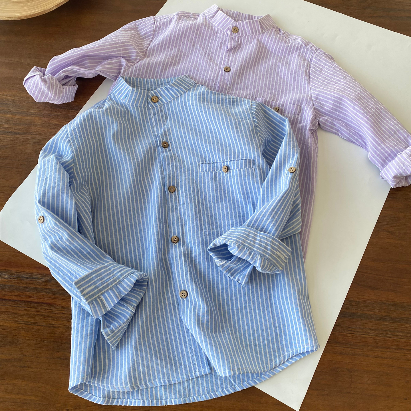 早春实用/100纯棉/柔软有质感/男童宝宝中式小立领长袖条纹衬衫