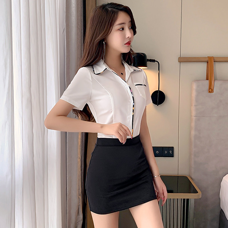 足浴工作服气质短袖衬衫套装酒店前台空姐职业装女养生桑拿技师服
