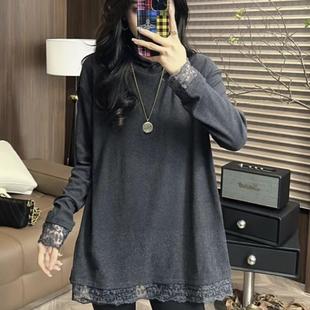 设计感蕾丝拼接高领长袖磨毛T恤女2025秋冬大码宽松百搭打底上衣