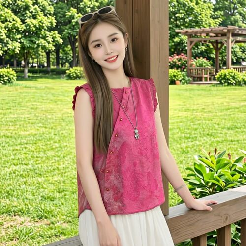 新中式复古提花斜襟无袖背心女K夏季新款气质减龄中式国风上衣女