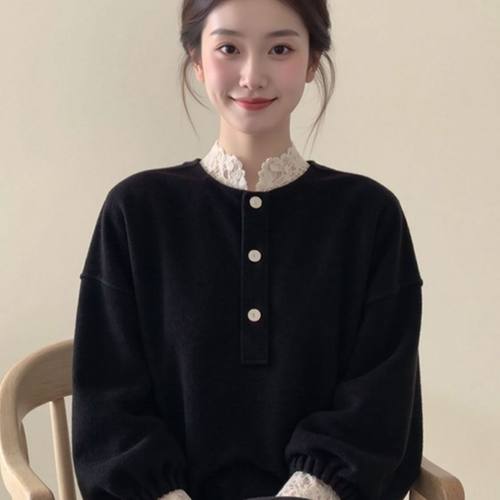 新中式黑色蕾丝灯芯绒显瘦小衫