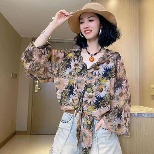 灯笼袖 夏季 2025新款 开衫 防晒衣女款 薄款 女连帽长袖 印花衬衫 雪纺衫