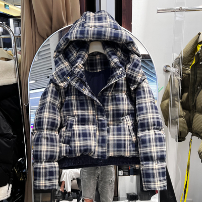 2025冬装新款 女高级感韩版格子连帽短款羽绒服小个子加厚面包服