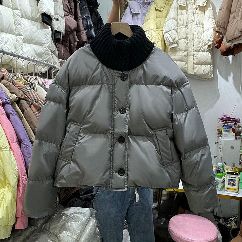 韩版拼接针织半高领短款羽绒服女冬季小个子白鸭绒加厚面包服外套