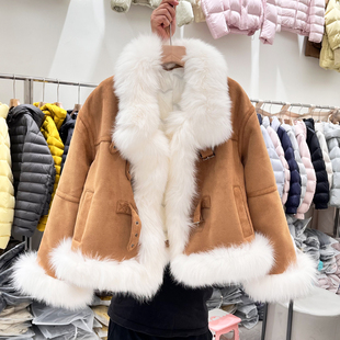 麂皮绒真狐狸毛大毛领短款皮草派克服 女小个子白鸭绒羽绒服外套