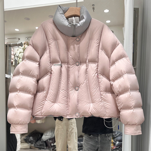 原创设计师款新国标90白鸭绒小个子短款时尚撞色泡芙立领厚羽绒服