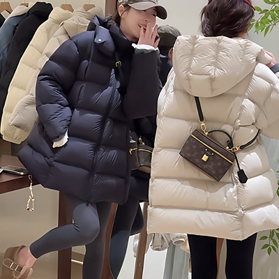 新国标90白鸭绒高端欧货女中长款泡芙龟背连帽羽绒服宽松厚面包服