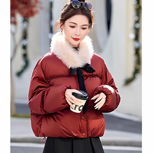 新国标90白鸭绒新年圣诞红色狐狸毛真毛领女短款可爱小个子羽绒服