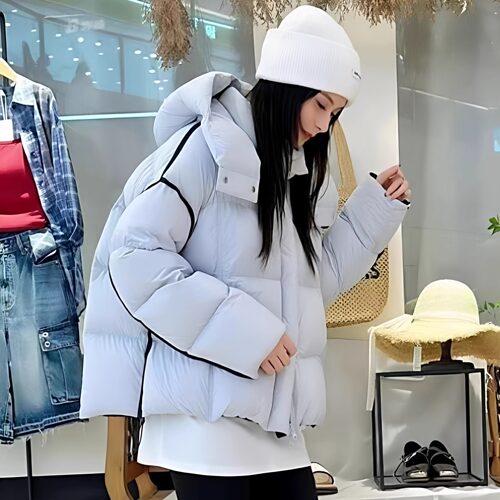 2025冬新款女泡芙短款连帽羽绒服宽松加厚白鸭绒小个子面包服外套