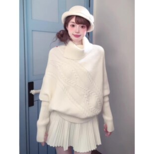 白色高领蝙蝠袖针织衫毛衣女装秋冬季加厚高级感气质宽松套头上衣
