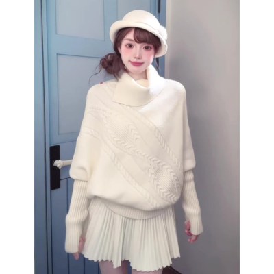 白色高领蝙蝠袖针织衫毛衣女