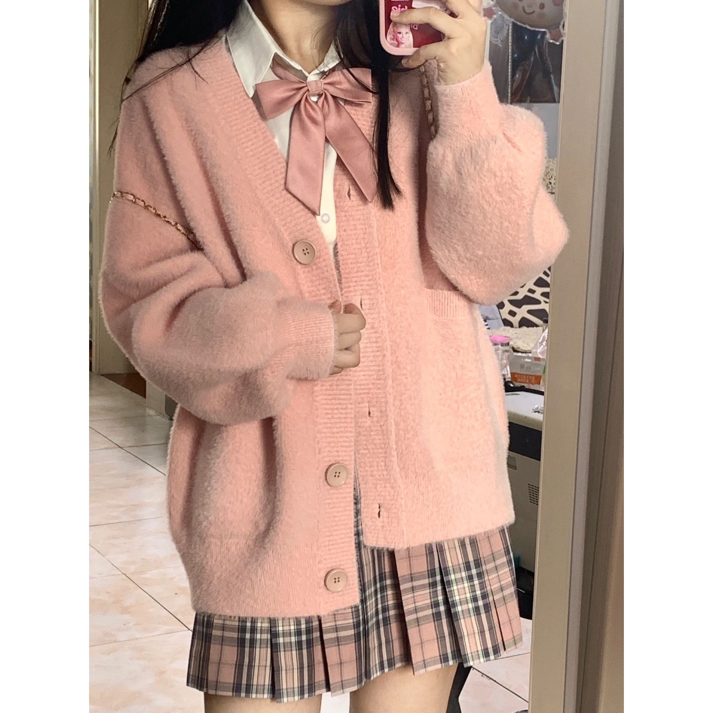 日系甜美粉色学院风JK毛衣外套