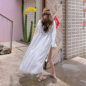 2023新款沙滩外套加长款罩衫防晒遮肚显瘦镂空仙气长袖意朗奇3058