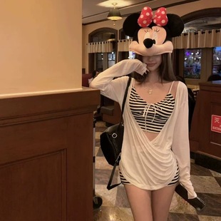 泳衣女2026新款 性感比基尼小胸条纹显瘦高腰遮肚显瘦温泉度假泳装